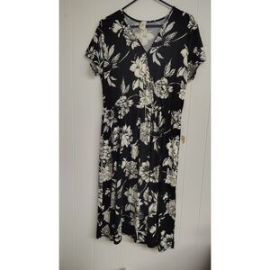 LARA Black & White Floral Faux Wrap Midi Dress Short Sleeve Size Large